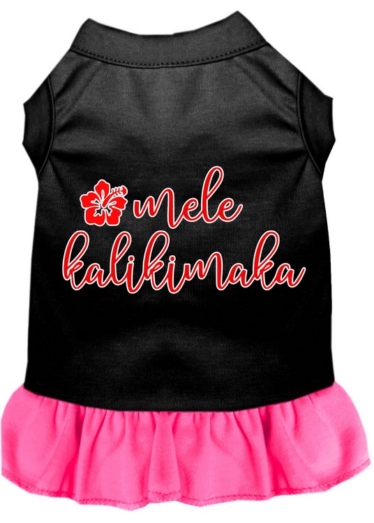 Mele Kalikimaka Screen Print Dog Dress Black with Bright Pink Lg